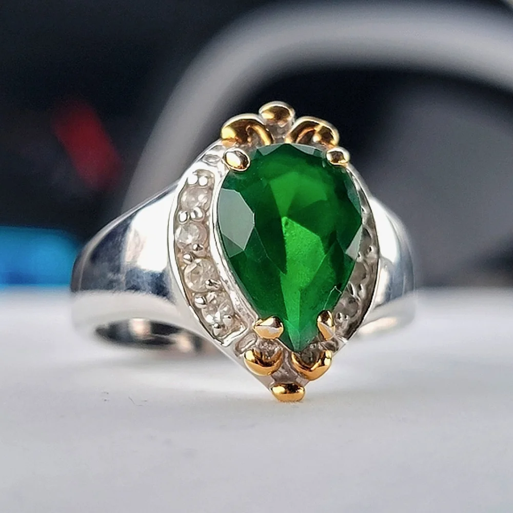 Emerald Teardrop Silver Ring Simulated Diamond Gemstone Gold Tone Accent sz 12